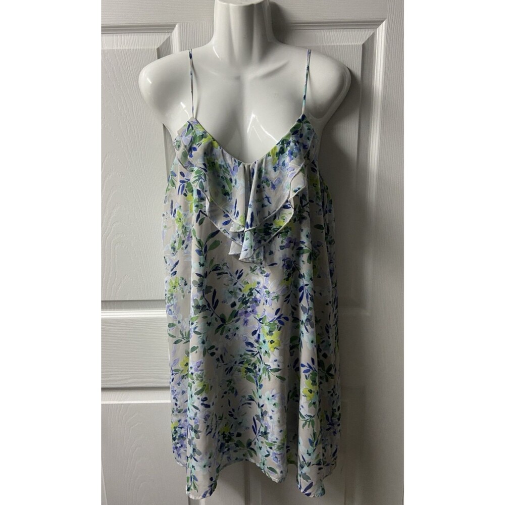 Final Touch Strappy Sun Dress Womens Large Gray Purple Blue Chiffon Lined Swing